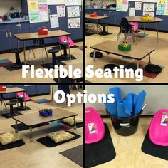 multiple pictures of different tables and chairs with the words flexible seating options written on them