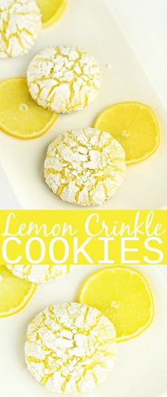 three lemon cookies with powdered sugar are on a white plate next to two slices of lemon