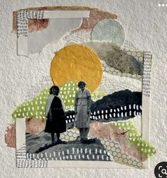 an altered collage of two people standing in front of a mountain and trees with the sun behind them