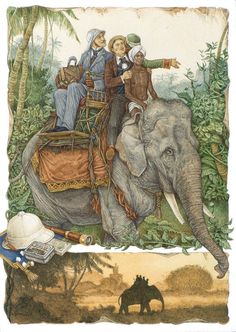 an elephant with people riding on it's back in the jungle, and another drawing behind it