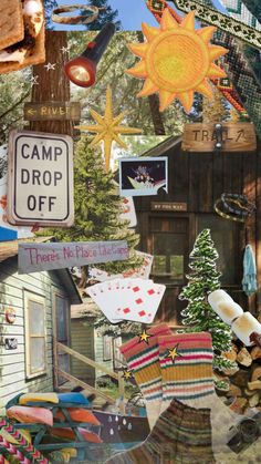 a collage of various items and signs in the shape of a camp drop off sign