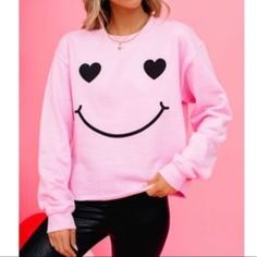 Lulusimon Studio For Vici Happy Face Crewneck Pull Over Sweater Cute Pink Smiley Face Top, Fun Pink Smiley Face Tops, Fun Pink Tops With Smiley Face, Trendy Pink Smiley Face Tops, Never Stop Smiling, Cleveland Browns Sweatshirt, Mickey Sweatshirt, Aeropostale Hoodies, Patchwork Sweatshirt