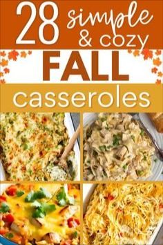 the cover of 28 simple and cozy casseroles with images of different dishes in it