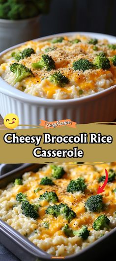 cheesy broccoli rice casserole is shown in two different dishes