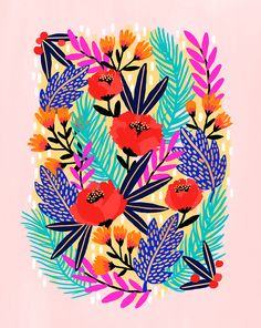 an illustration of flowers and leaves on a pink background