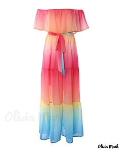 Olivia Mark - Vestido largo con volantes y hombros descubiertos Gradient Dress, Maxi Pattern, Ruffle Long Dress, Off Shoulder Long Dress, Ombre Maxi Dress, Dress With Ruffles, Floor Length Skirt, Bare Shoulders, Ruffled Maxi Dress