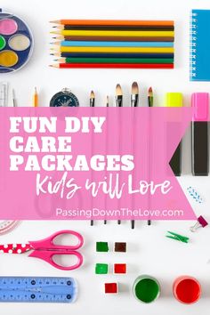 the words fun diy care packages kids will love are overlaid with school supplies