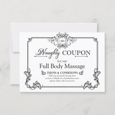 a white card with black and silver lettering on it that says, mayly coupon full body massage