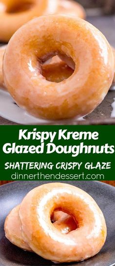 two glazed doughnuts sitting on top of a plate