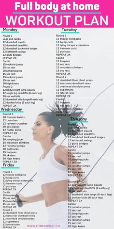 the full body at home workout plan is shown in pink and white, with an image of