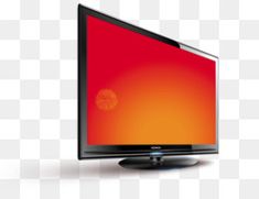 a flat screen tv sitting on top of a white table next to a red and orange background