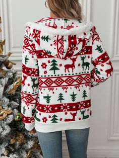 Women's Christmas Fleece Jacket Coat Holiday Outfits Christmas Cardigan Coat with Hoode Holiday Long Sleeve Hoodie For Fall, Cozy White Hooded Jacket For Winter, Cozy White Winter Hooded Jacket, Red Long Sleeve Christmas Hoodie, Red Winter Hoodie For Cold Weather, Casual Winter Hoodie For Holidays, Casual Winter Holiday Hoodie, Red Hoodie For Winter Cold Weather, Red Hoodie For Cold Winter Weather