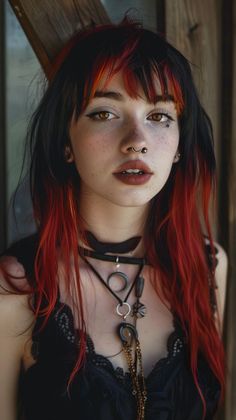 Edgy Dark Hair Color Ideas, Alt Grunge Hairstyles, Emo Aesthetic Hairstyles, Goth Hair Women, Raven Hair Aesthetic, Alt Fall Hair, Alt Hairstyles With Bangs, Punk Long Hair, Two Color Hair Dye Ideas