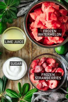 ingredients for watermelon and lime juice in bowls on a wooden table with leaves