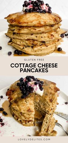 pancakes with blueberries are stacked on top of each other