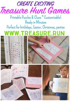 a collage of photos with words and pictures on them, including the words create exciting treasure hunt games