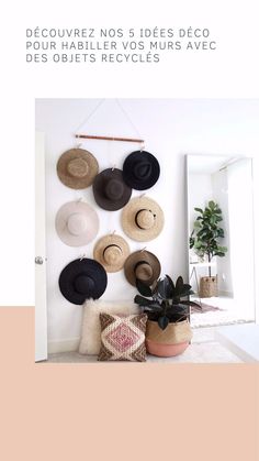 hats are hanging on the wall in front of a mirror and potted plant next to it