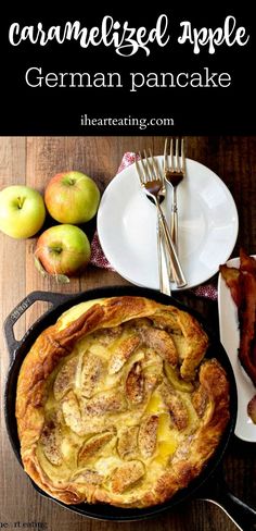 a close up of a pie in a pan on a table with apples and bacon