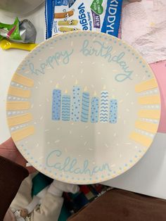 a birthday plate with candles on it