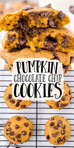 pumpkin chocolate chip cookies stacked on top of each other with the words pumpkin chocolate chip cookies above them