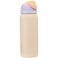 thermos water bottle in pastel pink and purple with an orange cap is shown