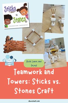 several different pictures with the words teamwork and towers sticks vs stones craft on them