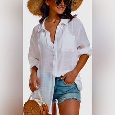 White Century Star Button Down Linen Shirt. Loose Fit Long Sleeve Casual Oversized Collared Blouse. Button-up Beach Shirt With Pockets, Beach Button-up Shirt With Pockets, Long Sleeve Blouse With Pockets For Beach, Chic Beach Shirt With Pockets, Summer Beach Shirt With Roll-up Sleeves, Summer Button-up Shirt With Pockets, Button-up Tops With Pockets For Beach Season, Beach Season Button-up Tops With Pockets, Summer Long Sleeve Shirt With Button Closure