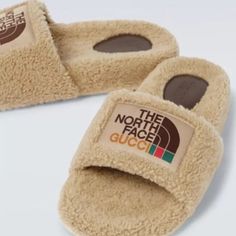 This Is An Authentic Pair Of Gucci X The North Face Shearling Wool Slide Sandals Size 42 In Butterscotch. These Sandals Are Crafted Of Merino Wool Fleece. It Features A Leather Logo Embossed Patch At The Footbed, A Textile Logo Patch At The Vamp, And Rubber Soles In Off-White. These Shoes Are Unisex. The Size Is Eu 42. Men's 10. Please Size Up 1 Size. For A Perfect Fit: Men's Us 9 Is Suggested. These Shoes Are Great For The Changing Weather. The Merino Wool Will Keep You Warm In The Soft Slides Gucci North Face, North Face X Gucci, Style For Winter, Gucci Slides, Size 12 Women, Textile Logo, Face Logo, Slides Sandals, Gucci Shoes