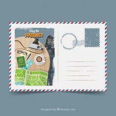 an open mail envelope with stamps and postcard on it that says enjoy the journey