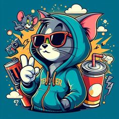 a cartoon cat wearing sunglasses and holding a drink in one hand, with the other hand up