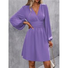 -Item Id 43276172 -Details: Ruched -Neckline: V Neck -Sleeve Type: Bishop Sleeve -Style: Elegant -Type: A Line -Waist Line: High Waist -Hem Shaped: Flared -Color: Purple -Pattern Type: Plain -Sleeve Length: Long Sleeve -Length: Short -Fit Type: Regular Fit -Fabric: Non-Stretch -Material: Woven Fabric -Composition: 100% Polyester -Care Instructions: Machine Wash Or Professional Dry Clean -Sheer: Semi-Sheer **Open To Offers!!!** **Bundle To Save More** **30% Off Bundles Of 2 Or More Items!!** ***O Solid Color Surplice Neckline Dress For Brunch, Formal Flowy V-neck Mini Dress, Spring Mini Dress With Solid Color And Surplice Neckline, Flowy Pleated V-neck Mini Dress, Purple Surplice Neckline Dress For Spring, Fall V-neck Lined Mini Dress, Purple Pleated Mini Dress, Purple V-neck Lined Dress, Bishop Sleeve