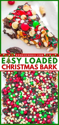 You'll love this Loaded Christmas Bark! Full of sweet and salty goodness like Oreos, M&M's, peanuts, pretzels, and sprinkles, this easy no-bake chocolate bark is an addictive Christmas dessert. Whip up this holiday recipe for a cookie exchange! Chocolate Christmas Bark, Christmas Pretzels, Christmas Candy Homemade, Christmas Bark, Chocolate Bark Recipe, Christmas Sweet Treats, Christmas Baking Recipes, Chocolate Christmas