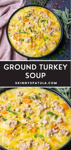 ground turkey soup with carrots and parsley in a black pan