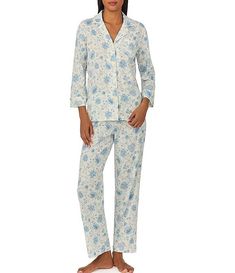 Lauren Ralph Lauren 3/4 Sleeve Notch Collar Jersey Knit Floral Pajama Set | Dillard's Cotton Loungewear Sets With Button Closure, Long Sleeve Loungewear Sets With Button Closure, Cotton Loungewear Sets With Button-up Shape, Collared Cotton Sleepwear With Button Closure, Floral Pajama Set, Floral Pajamas, Notch Collar, Dillard's, Lauren Ralph Lauren