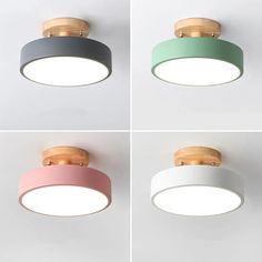 four different types of lights on the ceiling in various shapes and sizes, including one with a round light fixture