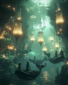 some people floating in the water with lights hanging from their heads and lamps above them