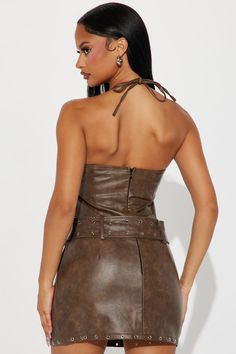 Available In Brown. Faux Leather Mini Dress Halter Sweetheart Neckline Belted O-Ring Hidden Back Zipper Lined Stretch Shell: 100% Polyurethane Lining: 95% Polyester 5% Spandex Imported | Evelyn Faux Leather Mini Dress in Brown size Small by Fashion Nova Fitted Faux Leather Mini Dress, Brown Leather Mini Dress, Fitted Brown Faux Leather Dress, Fitted Faux Leather Brown Mini Dress, Brown Faux Leather Dress, Mini Dress Halter, Faux Leather Mini Dress, Dresses Fashion Nova, Dress Halter