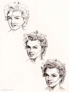 three women's heads are shown in this drawing