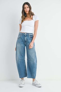 This stretch barrel wide-leg jeans bring major chill vibes to your look. with a vintage look the relaxed fit shows it's all about comfort and style they're your go-to for nailing that effortless cool. whether you're hanging with friends or hitting up your favorite spots these jeans keep you on point with their laid-back yet trendy appeal.    details    - rise: 12” ; inseam: 27”  - 100% cotton  - made in usa    - style no. bp473j  - the model is wearing a size 26  - machine wash cold lay flat to dry recommended Barrel Jeans, Hanging With Friends, Chill Vibes, Short Pajama Set, Sweater And Shorts, Swimwear Tops, Vintage Look, Sweater Skirt, Wide Leg Jeans