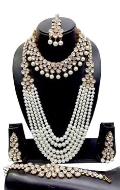 Bollywood style Trendy Gold Plated Haram Necklace jewelry Set for Women White Bollywood Jewelry For Marriage, Traditional Pearl Jewelry For Marriage, Multi Strand Pearl Necklace, Necklace Combo, Kundan Jewellery Set, Diamond Jewelry Set, Indian Bridal Jewelry Sets, Trending Jewelry, Bridal Necklace Set