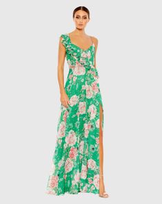 Ieena for Mac Duggal  Floral-printed chiffon fabric (100% polyester) Fully lined V-neck Sleeveless Ruffled wrap-over detail Thigh-high slit Side zipper Approx. 60" from top of shoulder to bottom hem Available in Green Multi Style #9175 Ruffled Gown, Beautiful Evening Gowns, Chiffon Evening Dresses, Chiffon Floral, Sleeveless Gown, Floral Gown, Dreamy Dress, Chiffon Gown, Mac Duggal