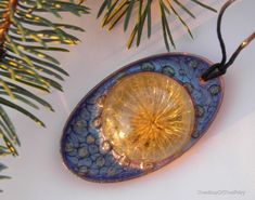 a glass ornament hanging from a pine tree