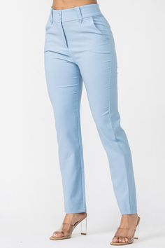 Light Blue Non-stretch Mid-rise Pants, Chic Light Blue Straight Leg Pants, Fitted Light Blue Trousers, Light Blue Fitted Wide Leg Pants, Fitted Light Blue Wide Leg Pants, Non-stretch Straight Leg Light Blue Bottoms, Non-stretch Light Blue Straight Leg Bottoms, Chic Fitted Light Blue Pants, Chic Light Blue Straight Leg Bottoms