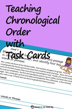 a close up of text on a purple background with the words teaching chonological order with task cards