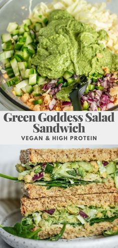 green goddess salad sandwich with vegan and high protein dressing on the side in a glass bowl