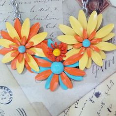 Vintage Handmade Flower Shaped Necklaces, Vintage Handmade Flower Shape Necklaces, Handmade Vintage Flower Shape Necklaces, Vintage Handmade Flower Shaped Necklace, Handmade Vintage Necklace With Flower Shape, Vintage Multicolor Flower Jewelry, Vintage Yellow Enamel Jewelry, Multicolor Flower-shaped Vintage Jewelry, Handmade Mid-century Jewelry Gift