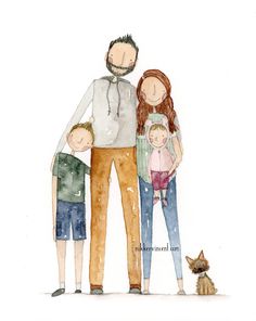 a watercolor drawing of a family standing together