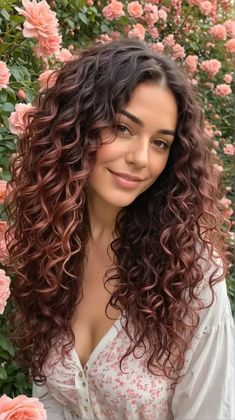 Curly Hair Colouring, Curly Hair With Rose Gold Highlights, Curly Hair Styles And Color, Rose Gold Highlights Dark Blonde, Haircolor Curly Hair Colour, Summer Hair Color For Curly Hair, Hair Color For Natural Curly Hair, Dark Hair With Rose Gold Highlights, Black Hair With Rose Gold Highlights