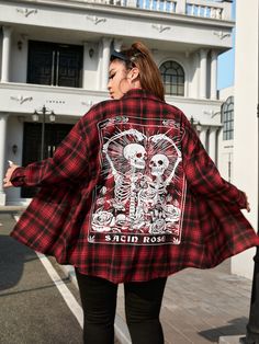 Plus Plaid & Skeleton Print Drop Shoulder Shirt Plus Size Tomboy Fashion, Plus Size Alternative Outfits, Enby Style, Alternative Fashion Plus Size, Red Flannel Shirt, Drop Shoulder Shirt, Patches Fashion, Skeleton Print, Plus Size Halloween