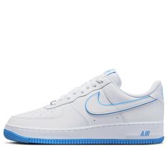 The Nike Air Force 1 Low 'White University Blue' is a timeless classic. Its pristine white upper is complemented by a University Blue accent, creating a sophisticated look. The sneaker is perfect for everyday wear, whether you're running errands or going out with friends. The Air Force 1 Low is a part of the iconic Nike Air Force 1 series, which has been a staple in streetwear since 1982. It's a must-have for any sneaker collection. Classic White Fade-resistant Sneakers, Classic White Low-top Nike Air Force 1, Classic White High-top Nike Air Force 1, White High-top Nike Air Force 1 With Translucent Outsole, Nike Air Force 1 Casual With Translucent Outsole, Nike Air Force 1 With Translucent Outsole For Sports, Casual Nike Air Force 1 With Translucent Outsole, Classic White Custom Sneakers With Air Max Cushioning, Nike Air Force 1 White With Translucent Outsole